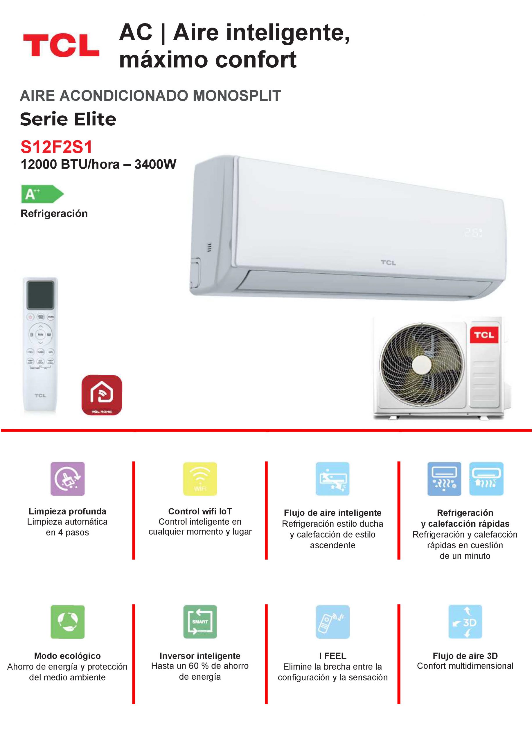Aire acondicionado SPLIT TCL S12F2S2 ELITE A++ 3000/FRIG WIFI - Imagen 2
