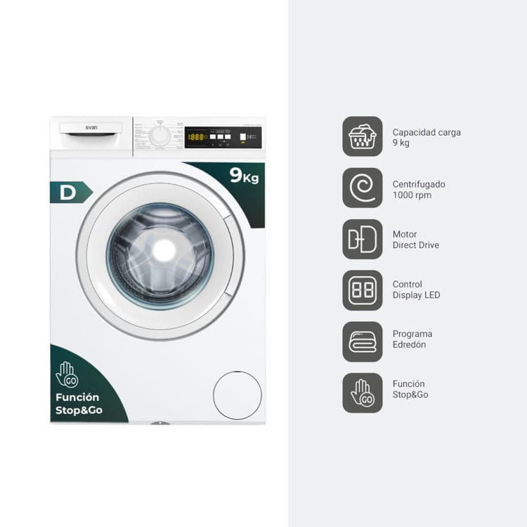 Lavadora carga frontal Svan SL9100DD 9kg 1000 rpm 15 programas D blanco 60 cm - Imagen 3