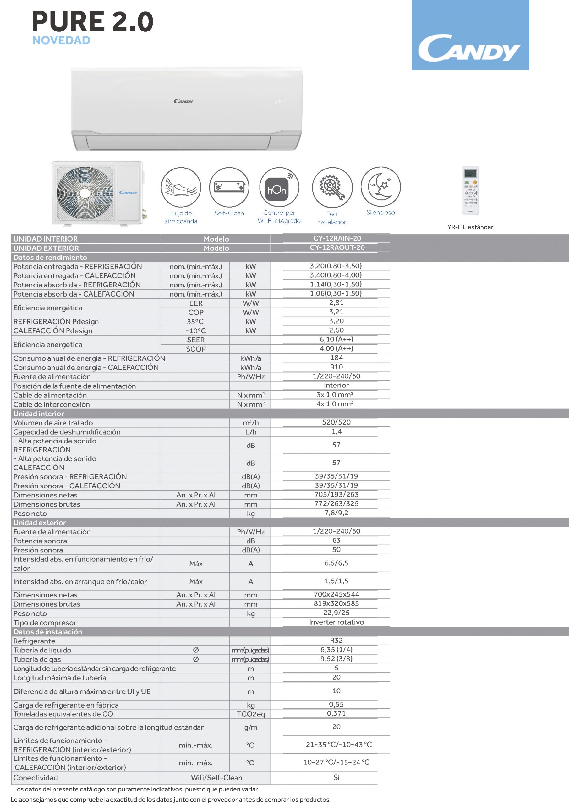Aire acondicionado 1X1 CANDY PURE 2.0 35 R32 con 3.2 Kw / 3.4 Kw, A++/A++ - Imagen 4