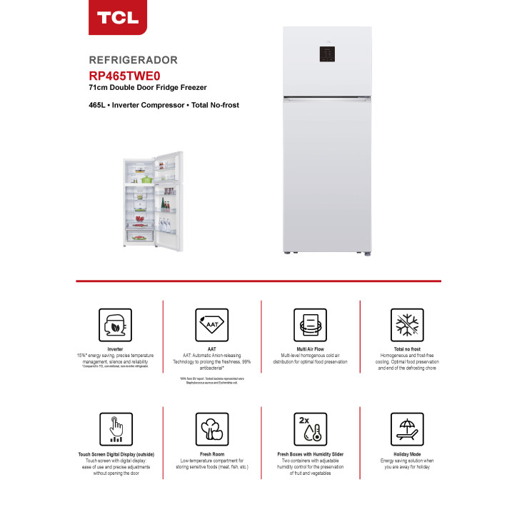 Frigorifico TCL RP465TWE1 185X70 2 Puertas No Frost Blanco - Imagen 3