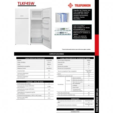 Frigorifico Telefunken TLKF45W145X54 Dos puertas Ciclico - Imagen 3
