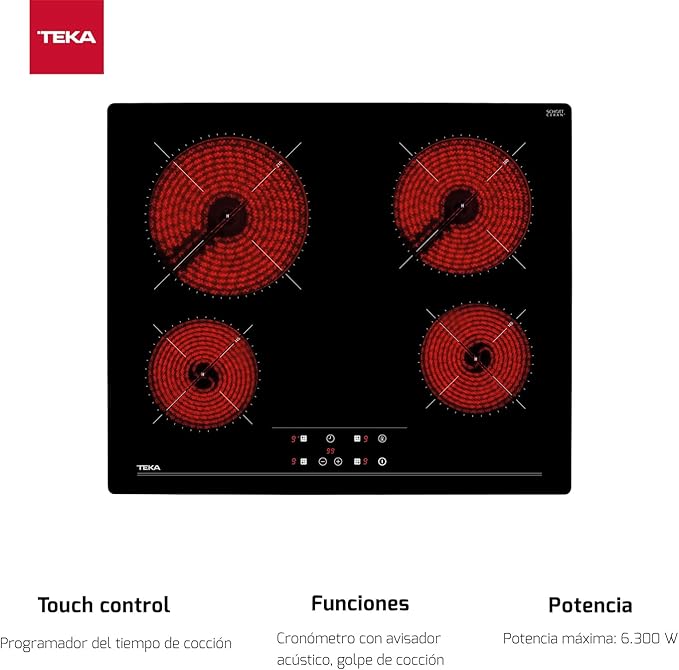 Placa vitrocerámica - Teka TZ 6415, 4 zonas, Zona grande 21 cm, Touch Control, 60 cm, Negro - Imagen 3