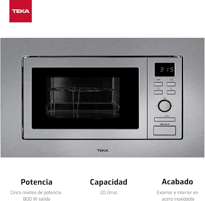 Microondas - Teka MWE202 FI, Integrable, Con grill, 800 W, 5 niveles de potencia, 20 l, Plata - Imagen 2