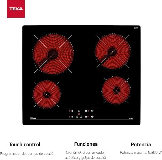Placa vitrocerámica - Teka TB 6415, 4 zonas, Zona grande 21 cm, Touch Control, 60 cm, Negro - Imagen 4