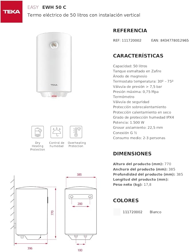 Termo eléctrico - Teka EWH 50 C, 50L, Vertical, Tanque esmaltado en Zafire, IPX4, Blanco - Imagen 6