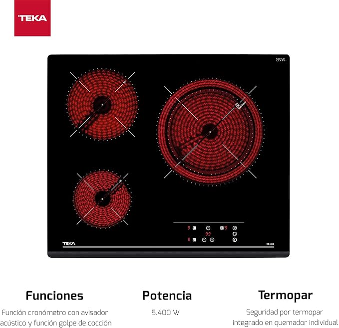 Placa de vitrocerámica - TEKA TZ6315, 3 Fuegos zonas, 605 mm, Negro - Imagen 3