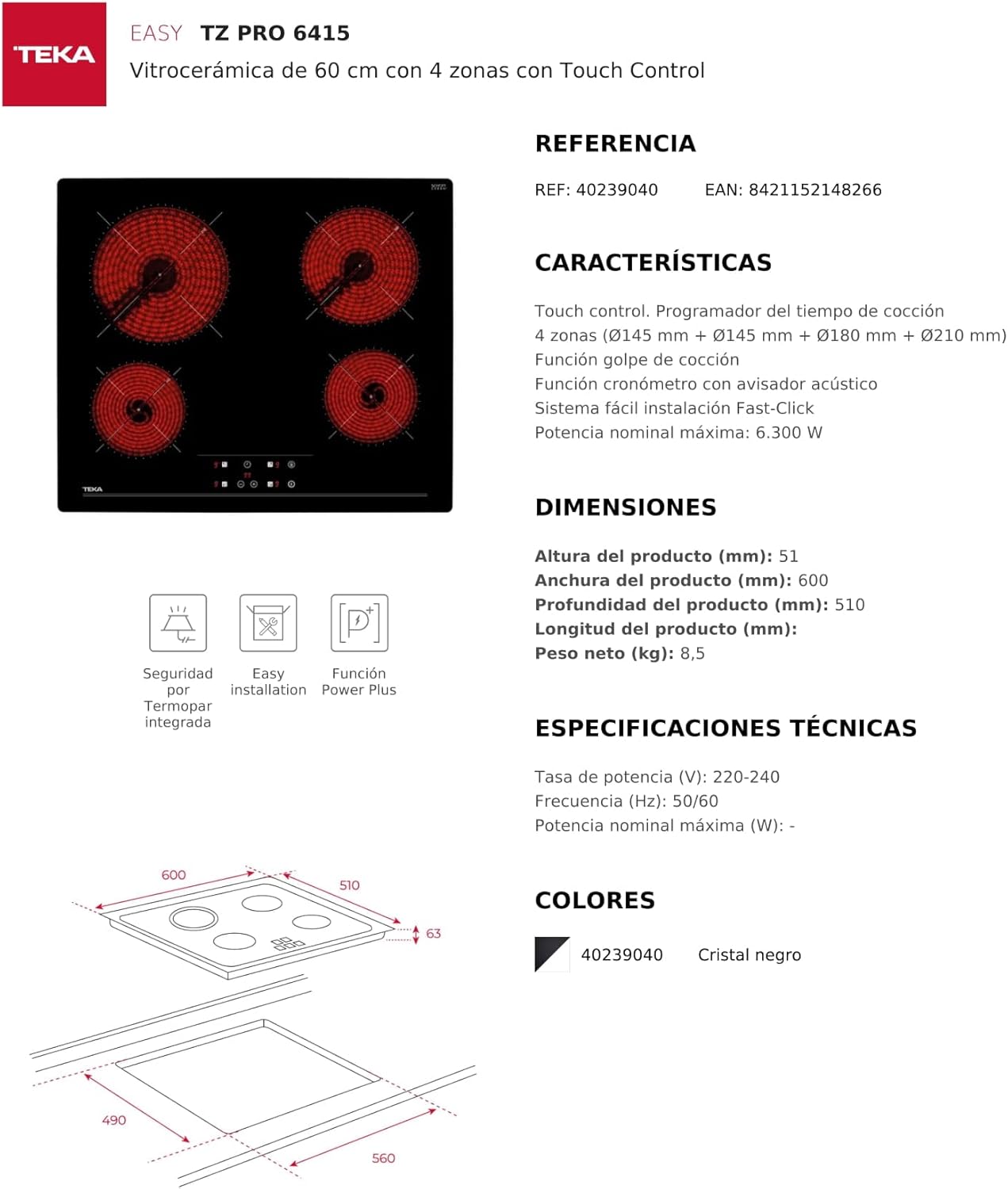 Placa vitrocerámica - Teka TZ 6415, 4 zonas, Zona grande 21 cm, Touch Control, 60 cm, Negro - Imagen 6