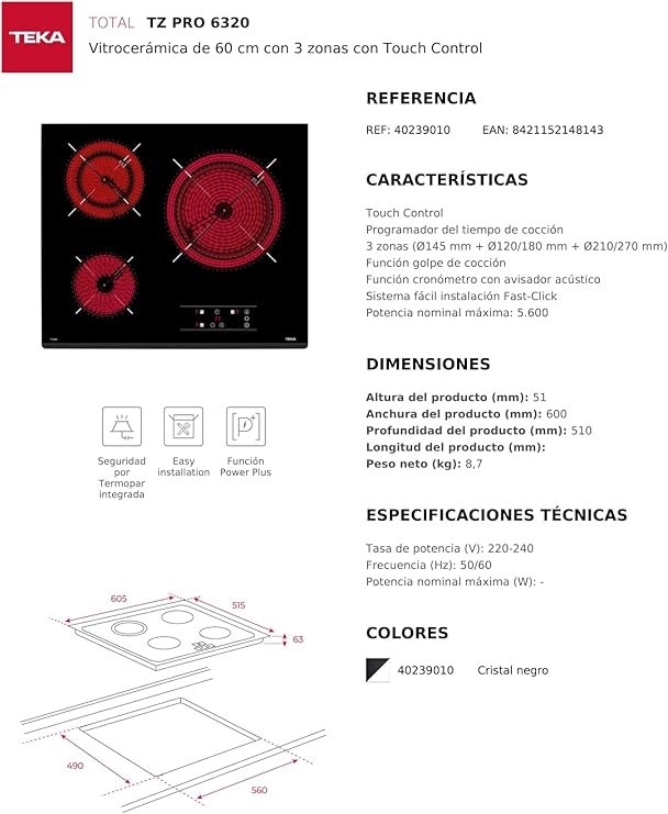 Placa vitrocerámica TEKA TZ 6320 con 3 zonas de cocción zona grande de 27cm 5600 W - Imagen 5