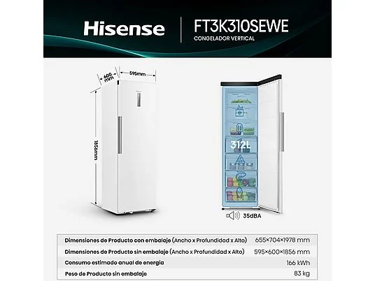 Congelador vertical - Hisense FT3K310SEWE, 312 l, 185.6 cm, Kitchen Fit, Wi Fi, Blanco - Imagen 3