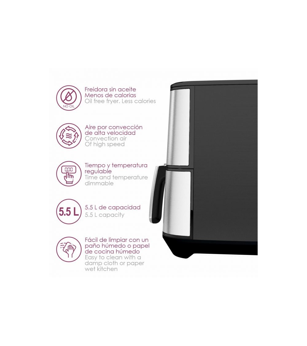 Freidora de aire digital de 5,5 Litros y 1800W, acabado acero cepillado, AF-1800, Dragon air fryer - Imagen 4