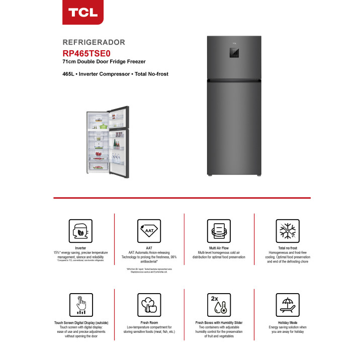 Frigorífico TCL RP465TSE1 185×70 DARK SILVER NO FROST CLASE E MOTOR INVERTE - Imagen 3