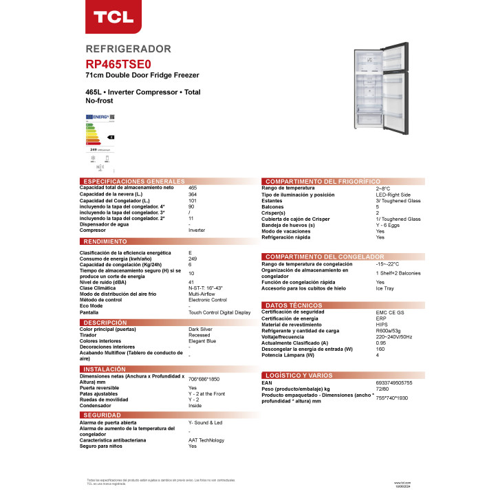 Frigorífico TCL RP465TSE1 185×70 DARK SILVER NO FROST CLASE E MOTOR INVERTE - Imagen 4