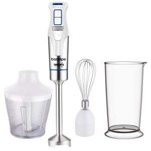 Batidora de brazo con accesorios de 1200W, 4 cuchillas de acero, color blanco/acero, TURBOMIX-1200ACC
