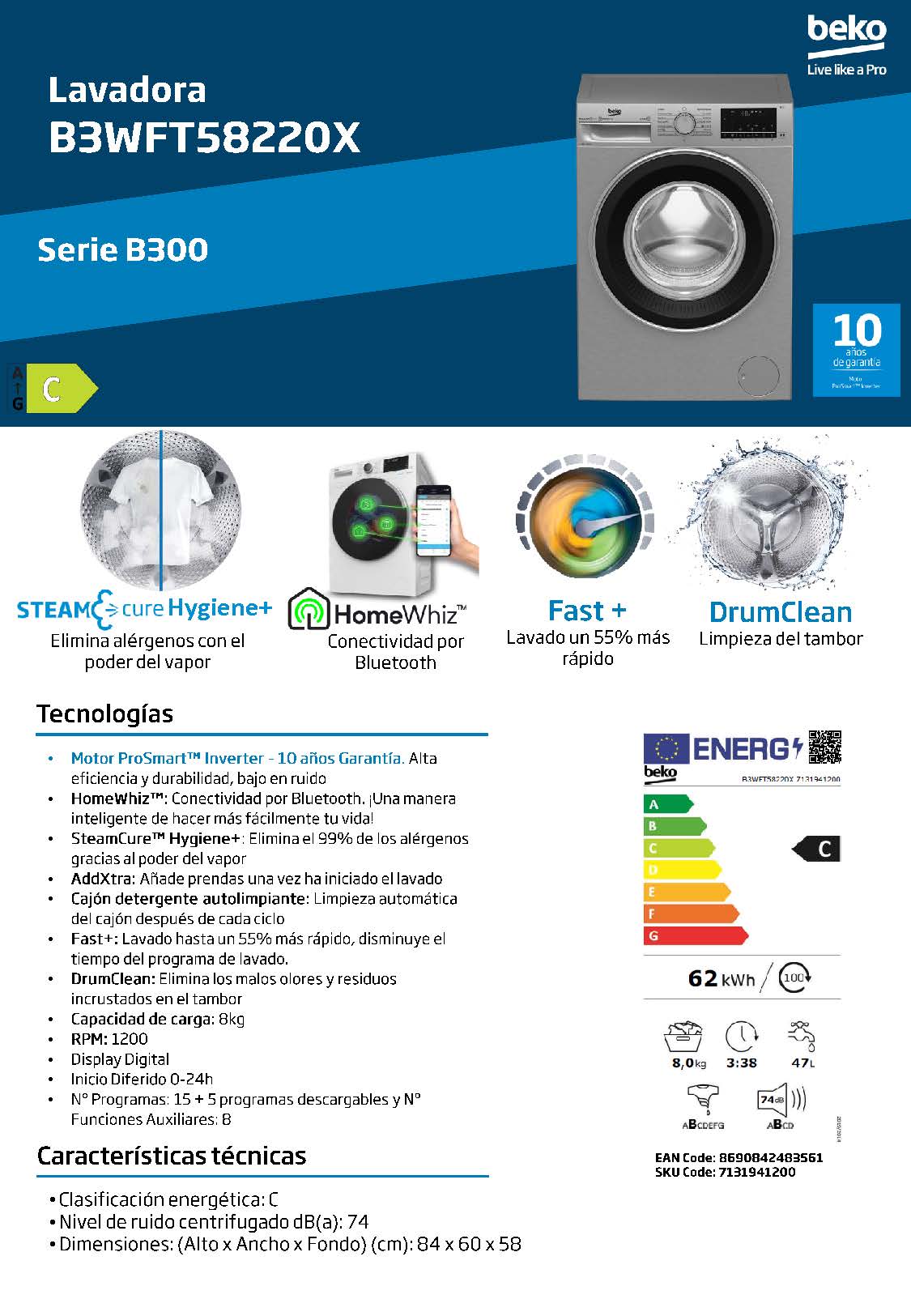 LAVADORA BEKO B3WFT58220X 8/KG. 1200/RPM. INOX A+++ Tara - Imagen 2