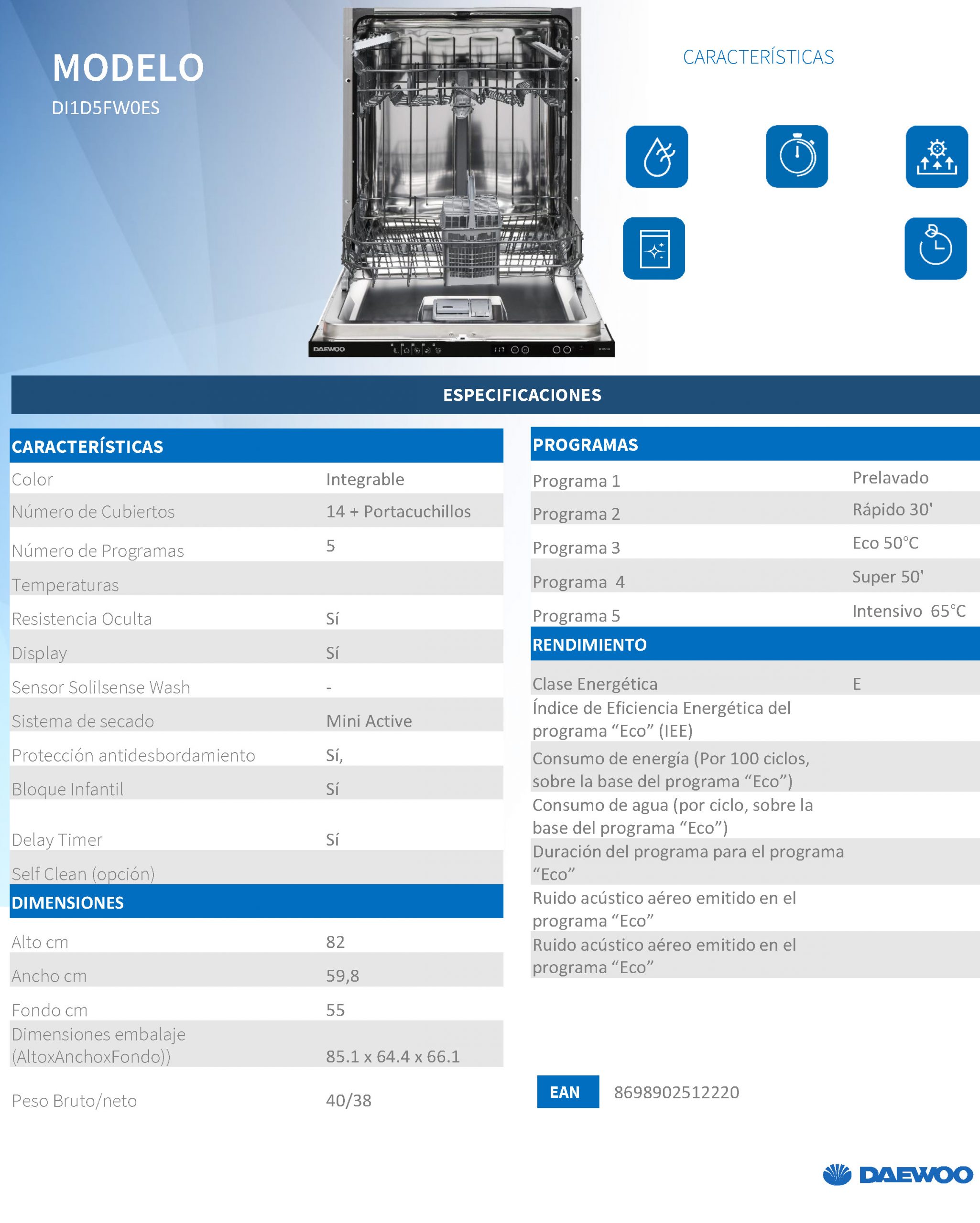 LAVAVAJILLAS INTEGRAL DAEWOO DI1D5FW0ES 14 CUBIERTOS 5 PROGRAMAS - Imagen 3