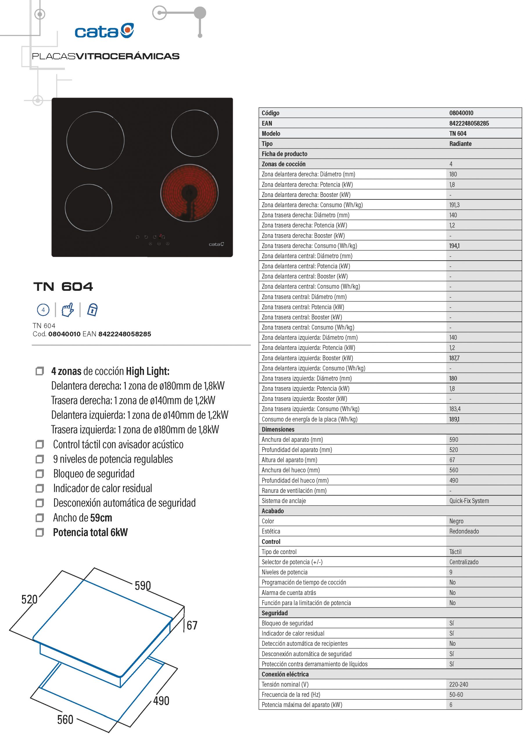 VITROCERAMICA DIGITAL CATA TN604 4/FUEGOS SIN MARCO 6000/WATIOS - Imagen 3