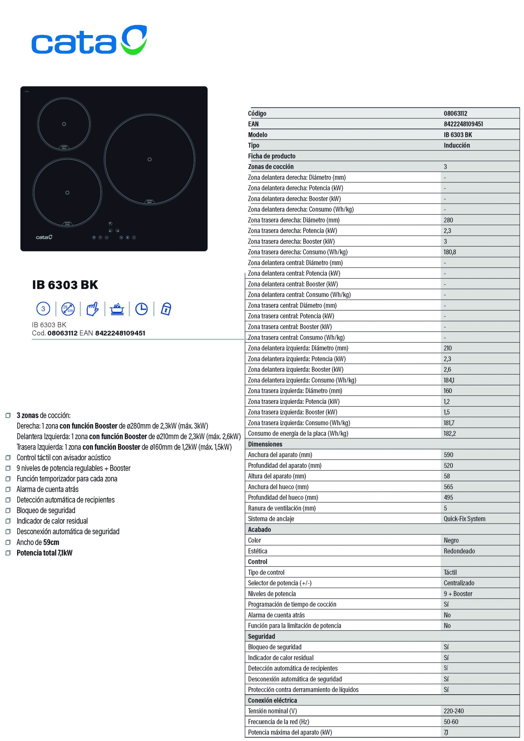 VITROCERAMICA DIGITAL CATA IB6303BK/A 3/INDUCCION BISEL POTENCIA TOTAL 7100/WATIOS - Imagen 3