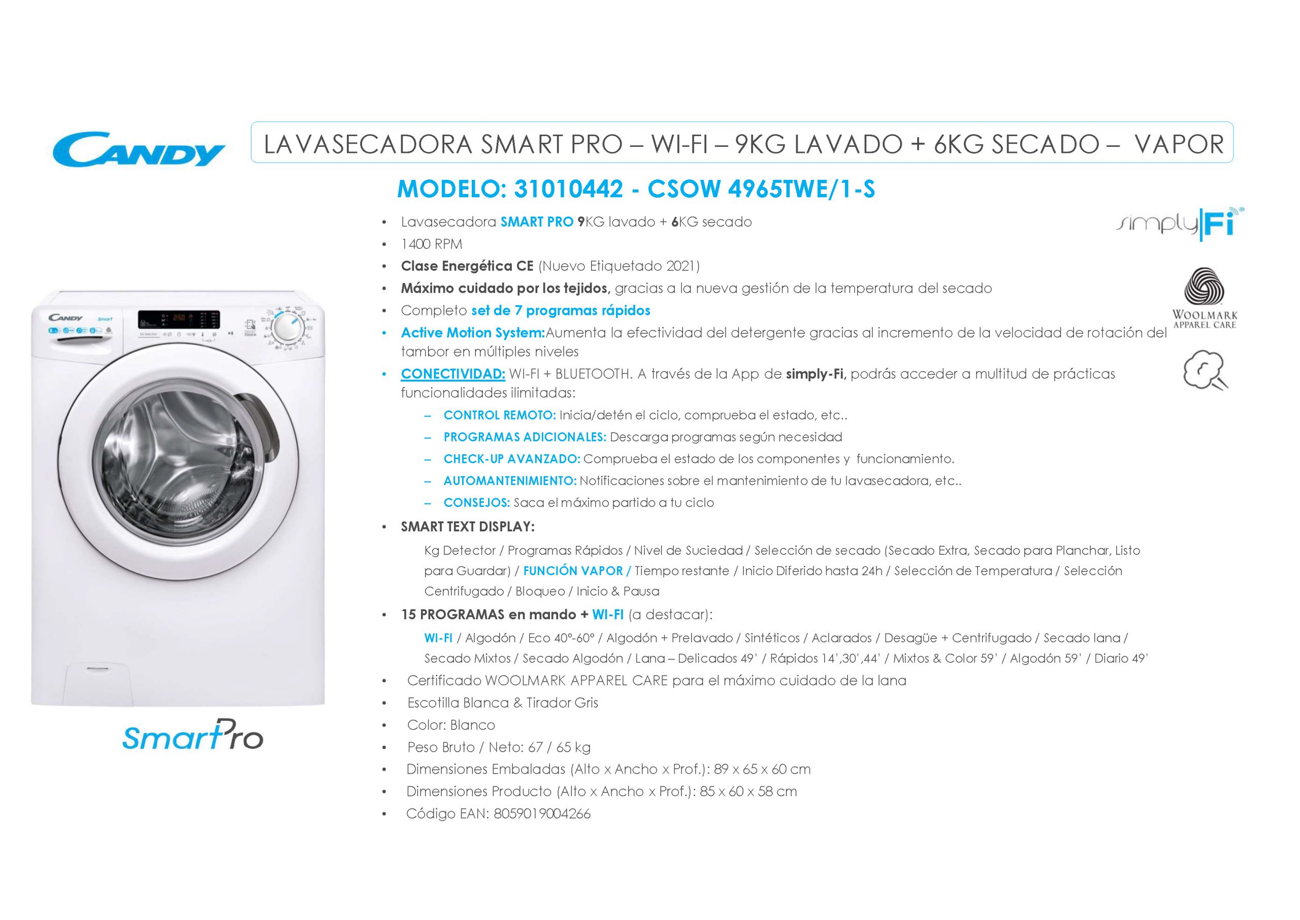 LAVADORA SECADORA CANDY CSOW4965TWE/1-S - Imagen 2