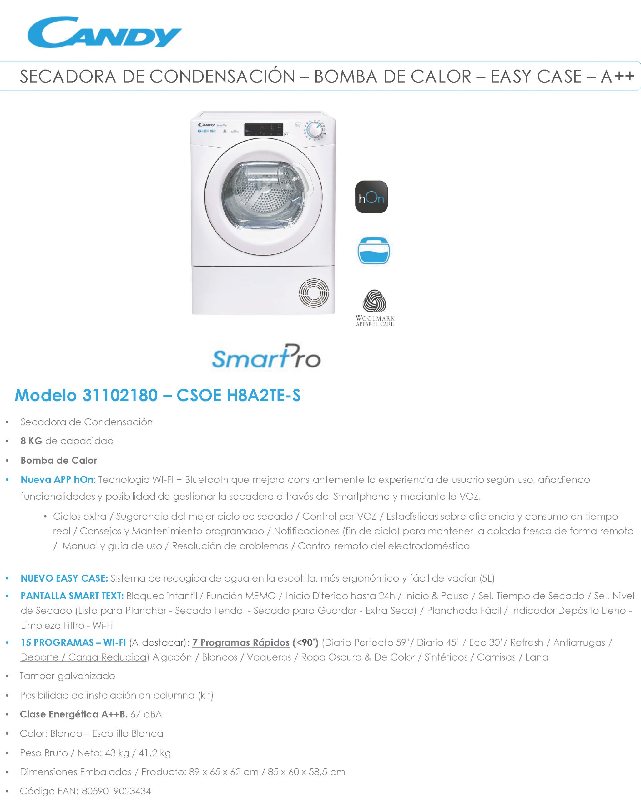 SECADORA CANDY CEO EH8N2TE-S 8/KG - Imagen 5