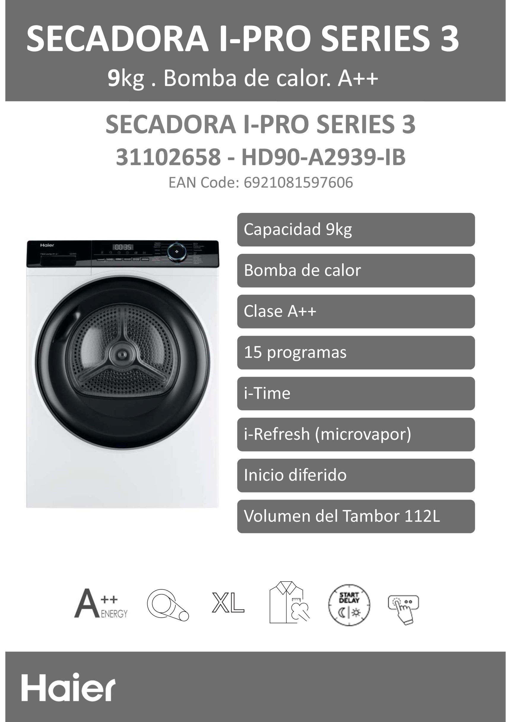 SECADORA HAIER HD90-A2939-IB 9/KG - Imagen 4