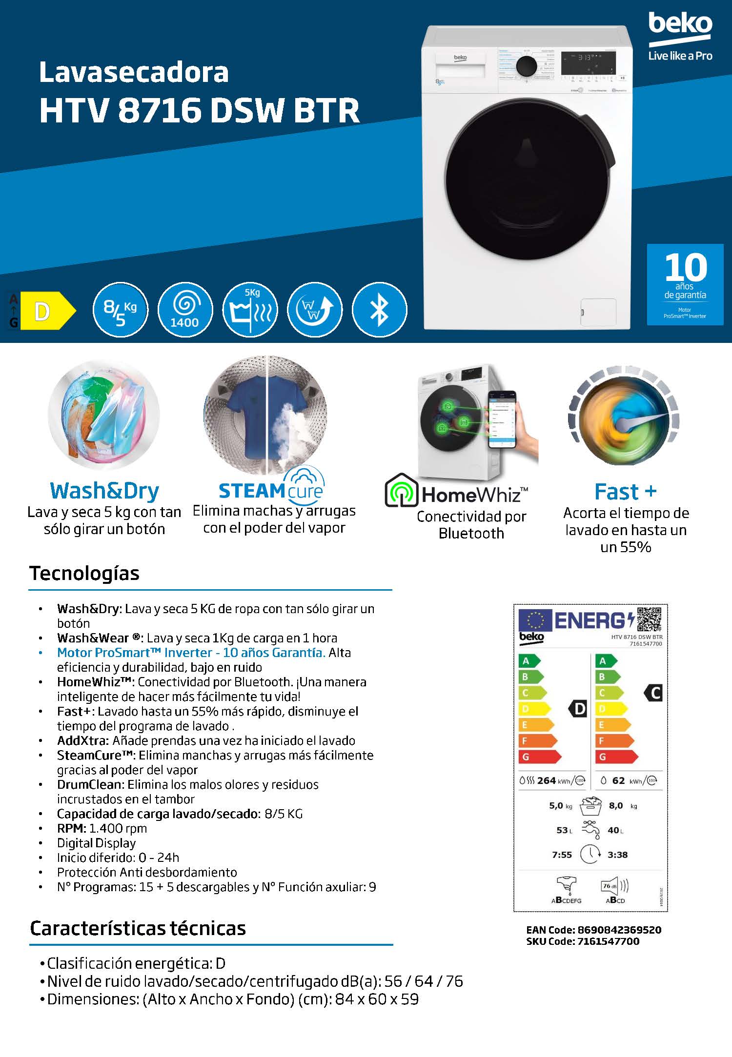 LAVADORA SECADORA BEKO HTV8716DSW BTR - Imagen 4