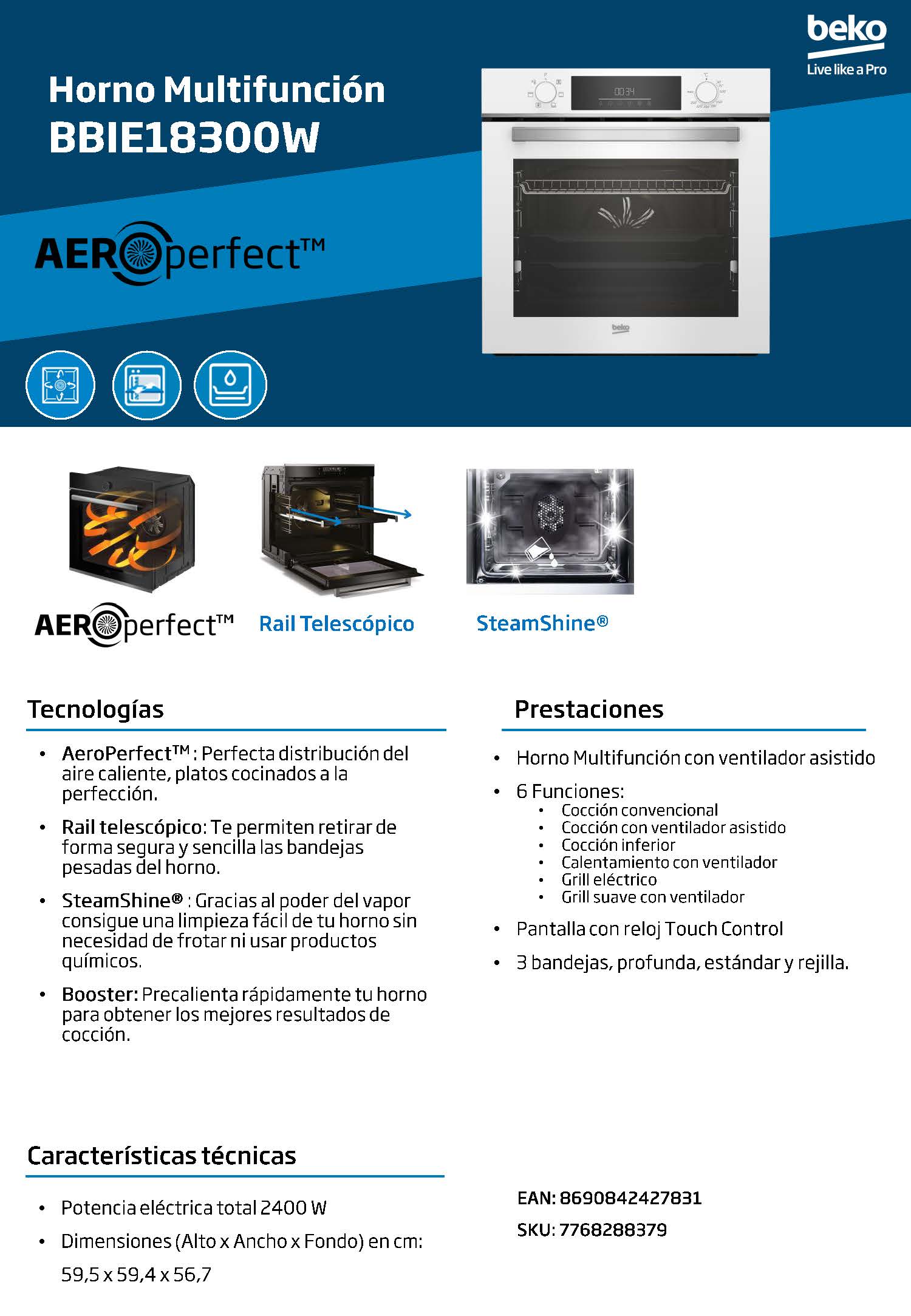 HORNO INDEPENDIENTE BEKO BBIE18300W - Imagen 4