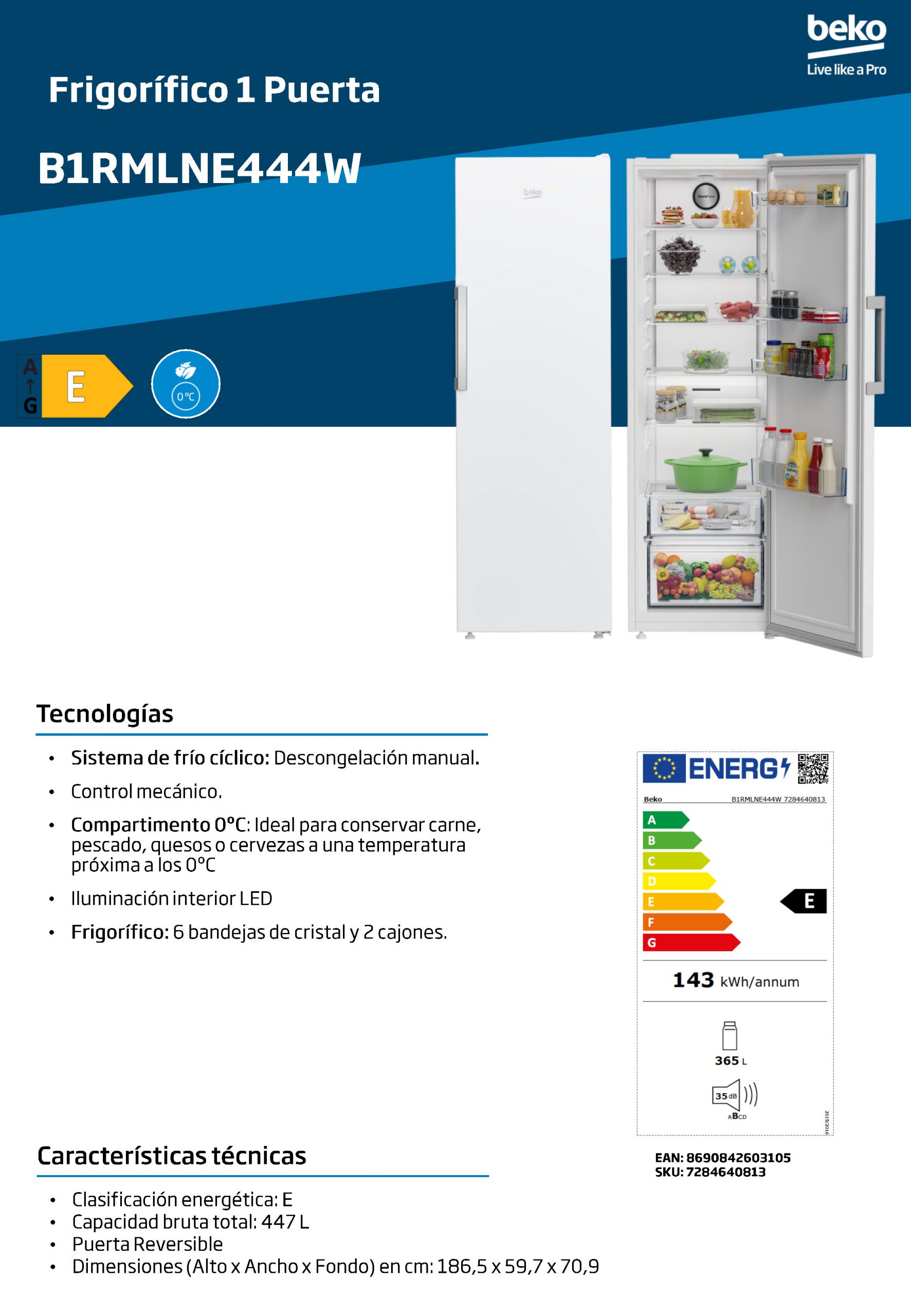 FRIGORIFICO BEKO B1RMLNE444W 185X60 - Imagen 5