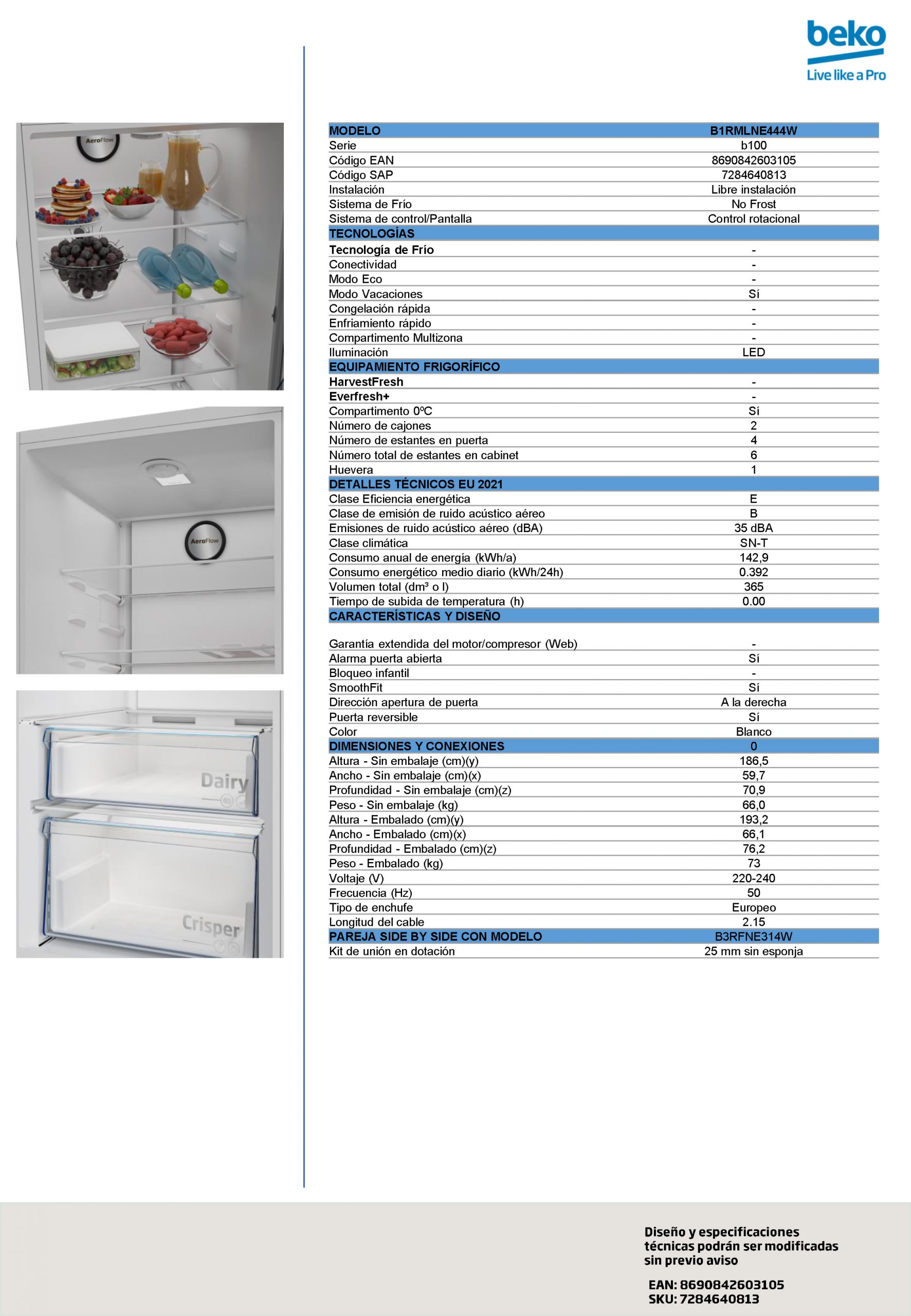 FRIGORIFICO BEKO B1RMLNE444W 185X60 - Imagen 6