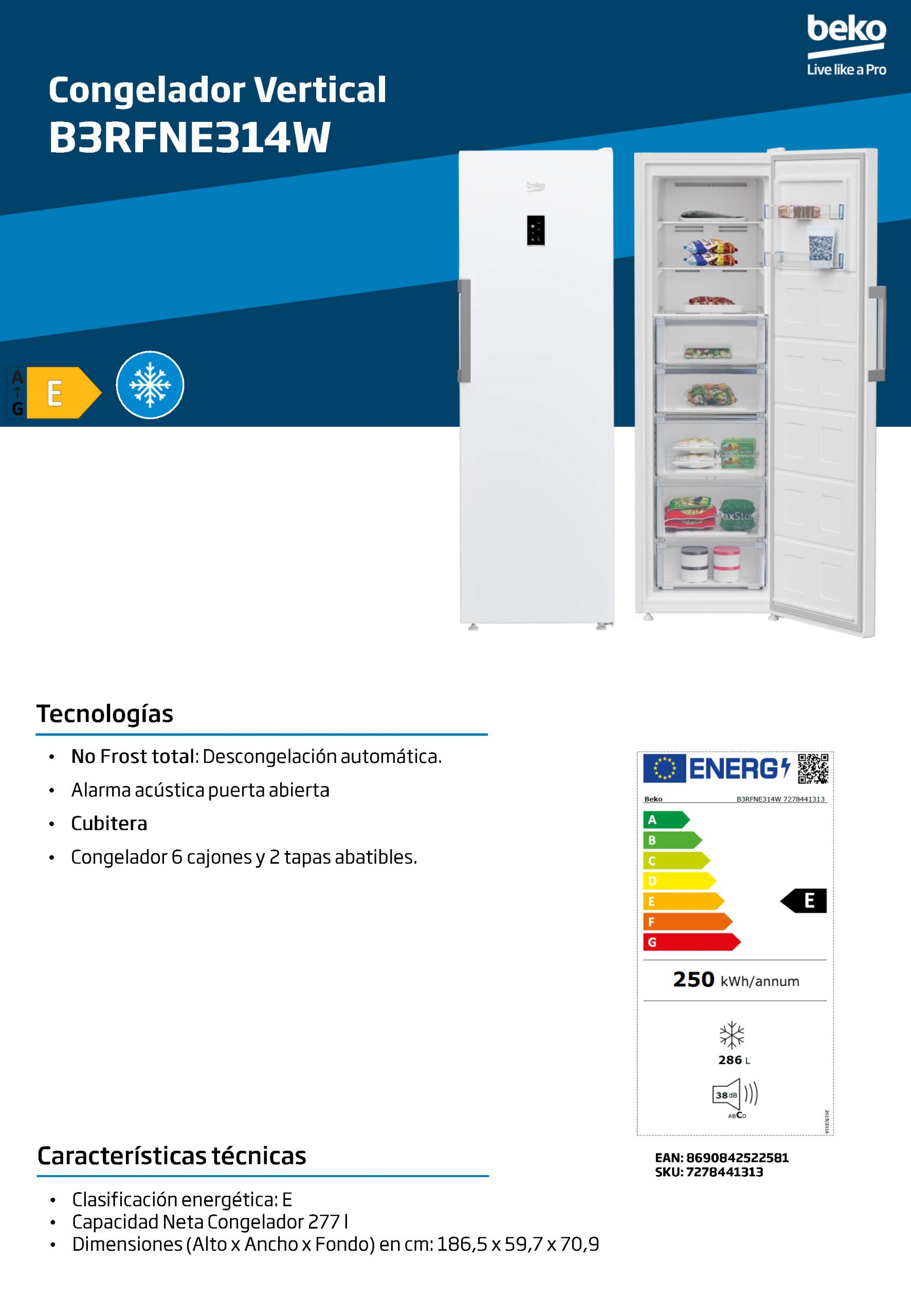 CONGELADOR VERTICAL BEKO B3RFNE314W - Imagen 4