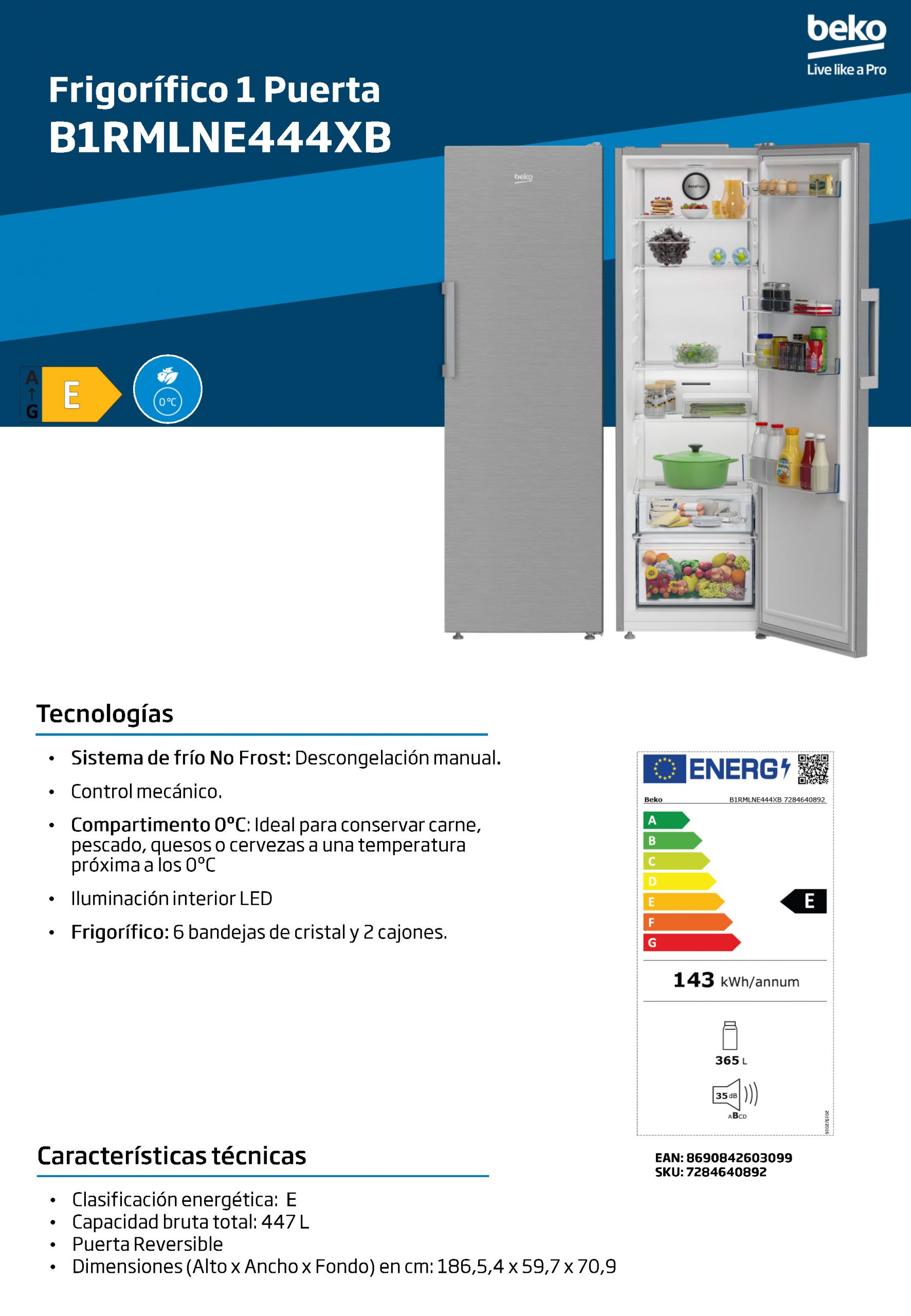 FRIGORIFICO BEKO B1RMLNE444XB 186X60 - Imagen 4