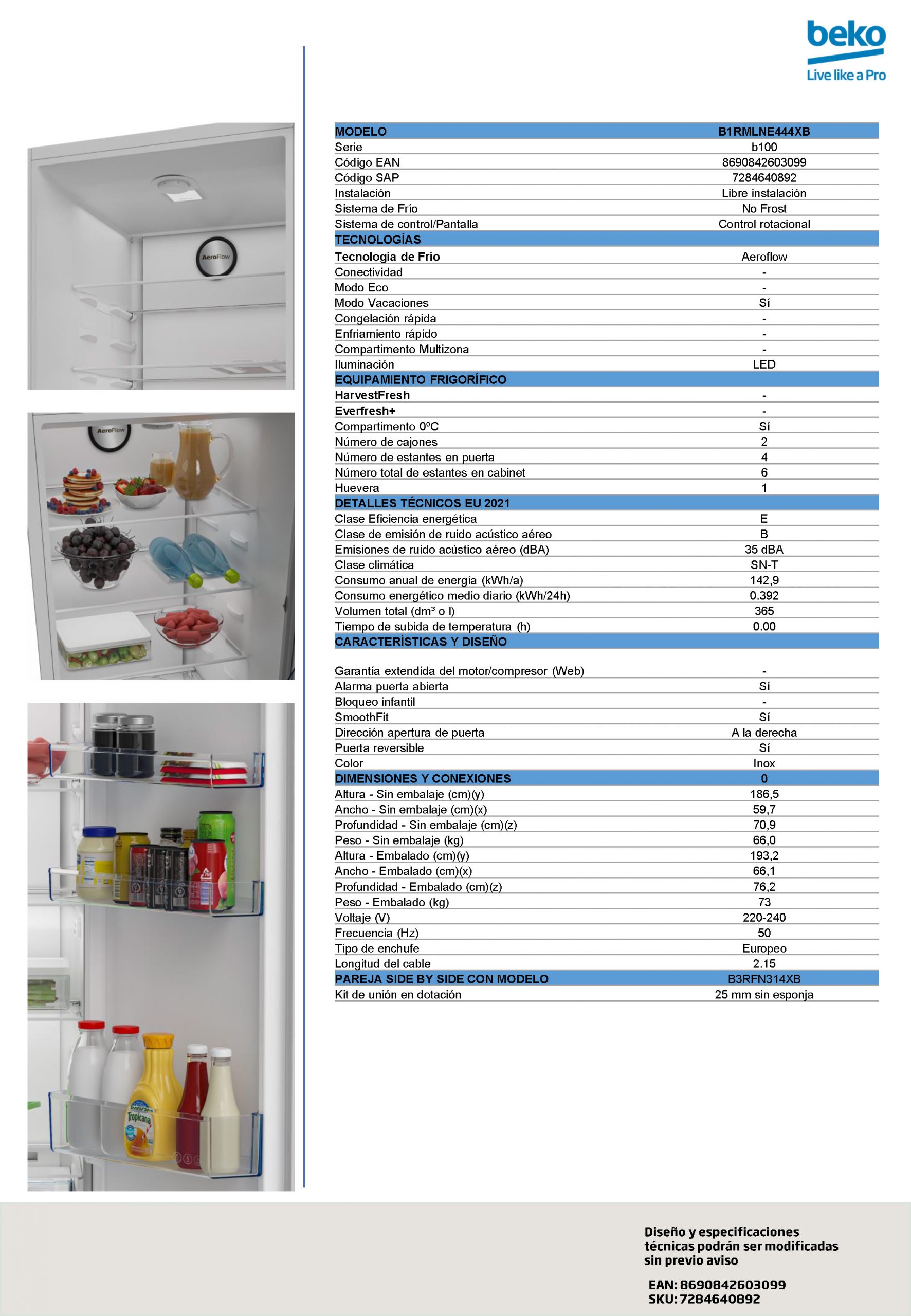 FRIGORIFICO BEKO B1RMLNE444XB 186X60 - Imagen 5