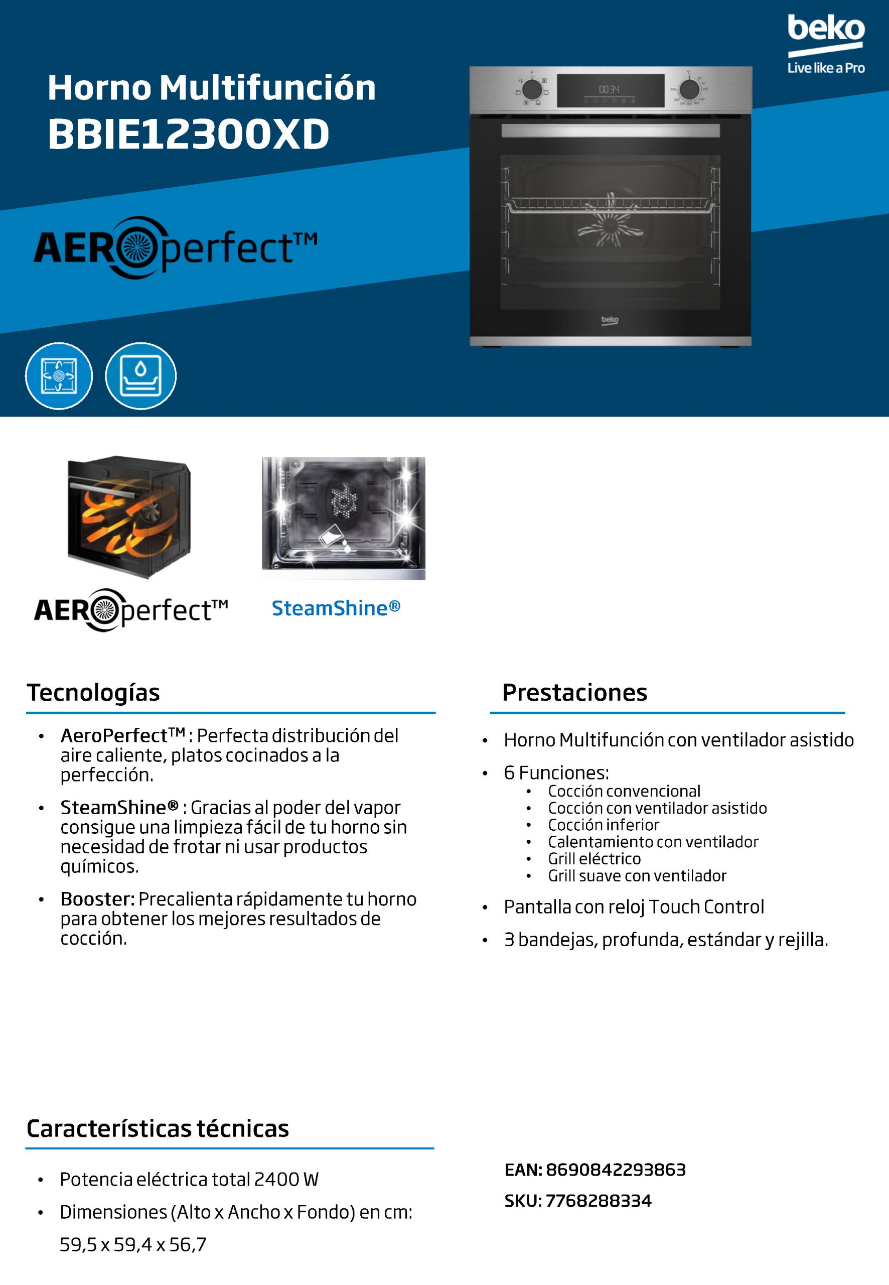 HORNO INDEPENDIENTE BEKO BBIE12300XD - Imagen 4