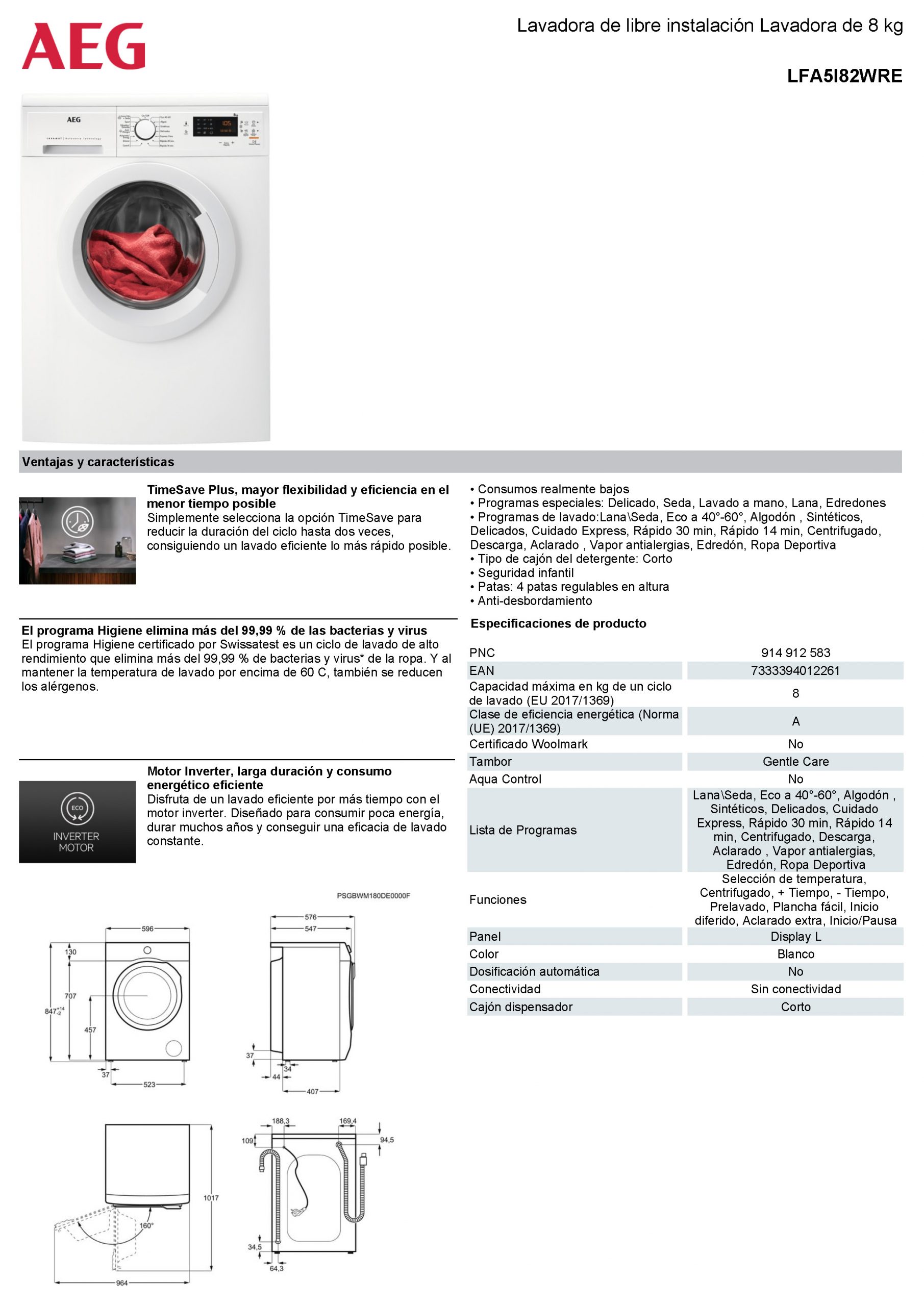 LAVADORA A.E.G. LFA5I82WRE 8/KG 1200/RPM - Imagen 3