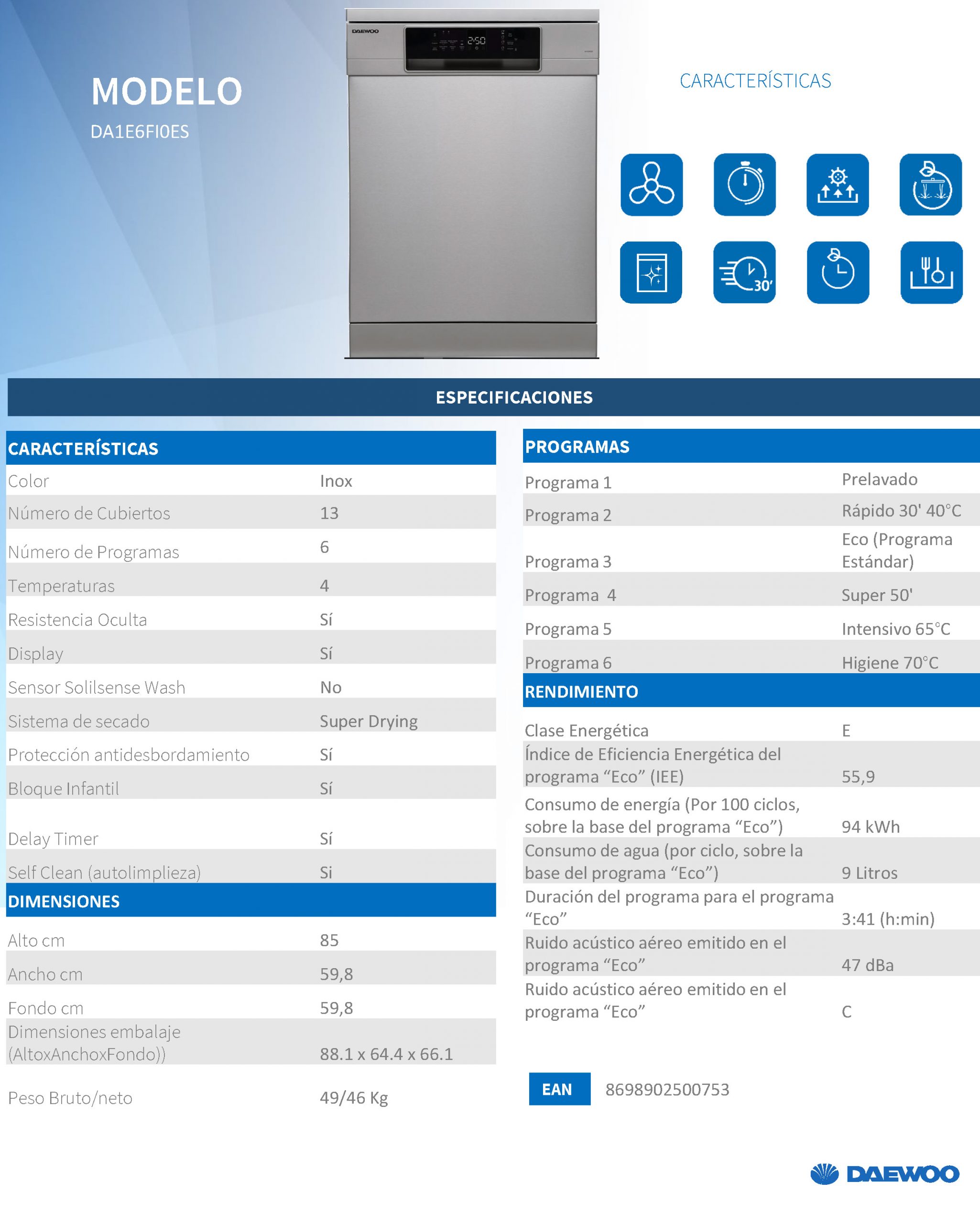 LAVAVAJILLA DAEWOO DA1D5FI1ES 12 CUBIERTOS 5 PROGRAMAS - Imagen 3
