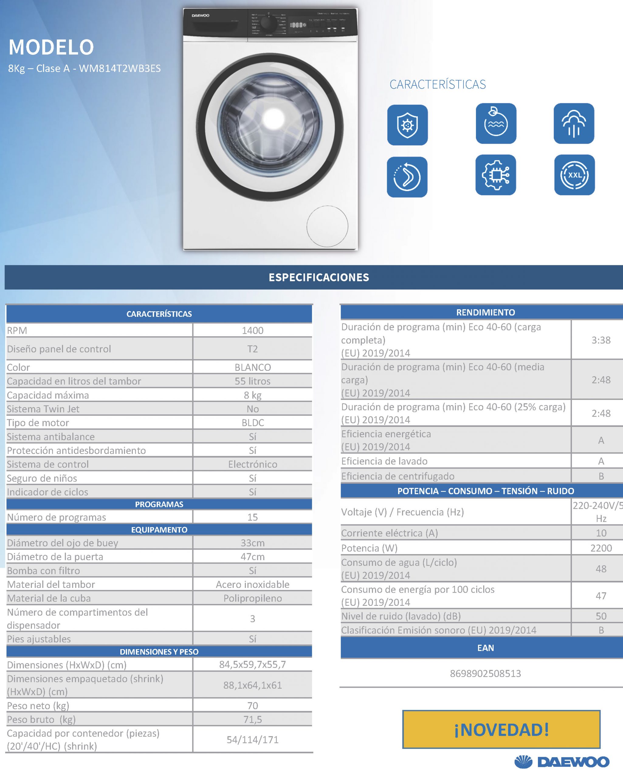 LAVADORA DAEWOO WMFC8514W0AES 8/KG 1400/RPM - Imagen 2