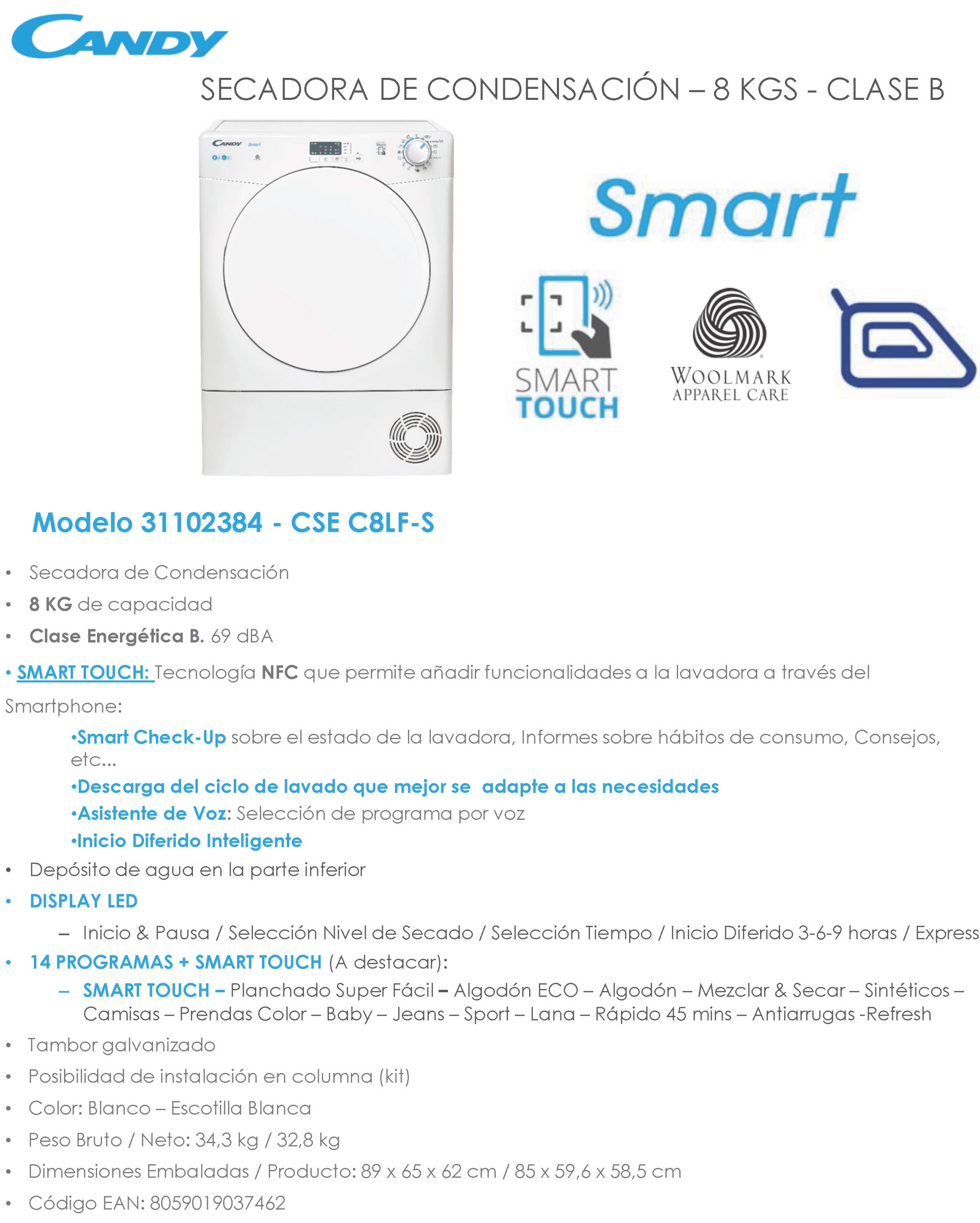 SECADORA CANDY CSEC8LF-S 8/KG - Imagen 3