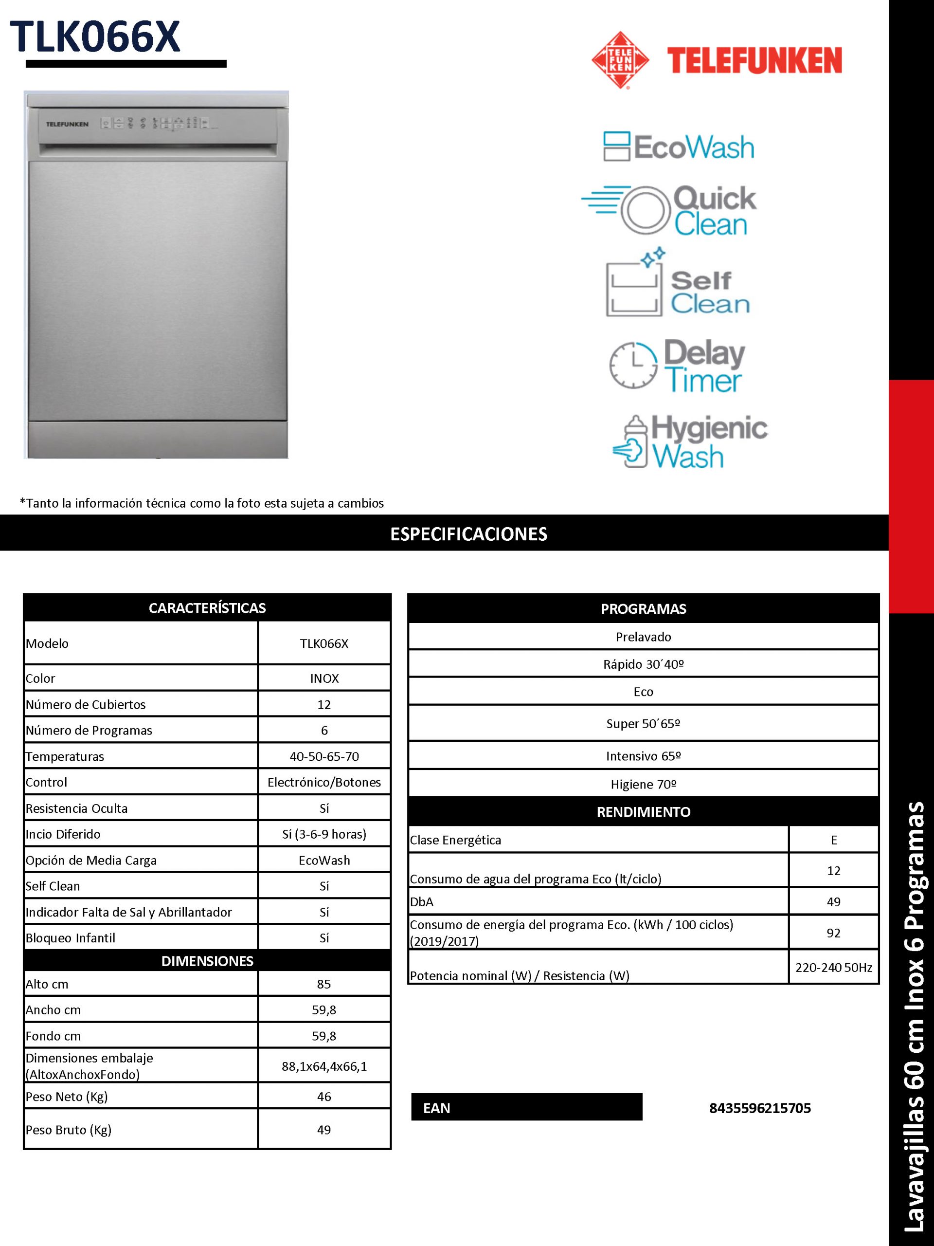 LAVAVAJILLAS TELEFUNKEN TLK066X 12/CUBIERTOS 6/PROGRAMAS - Imagen 3