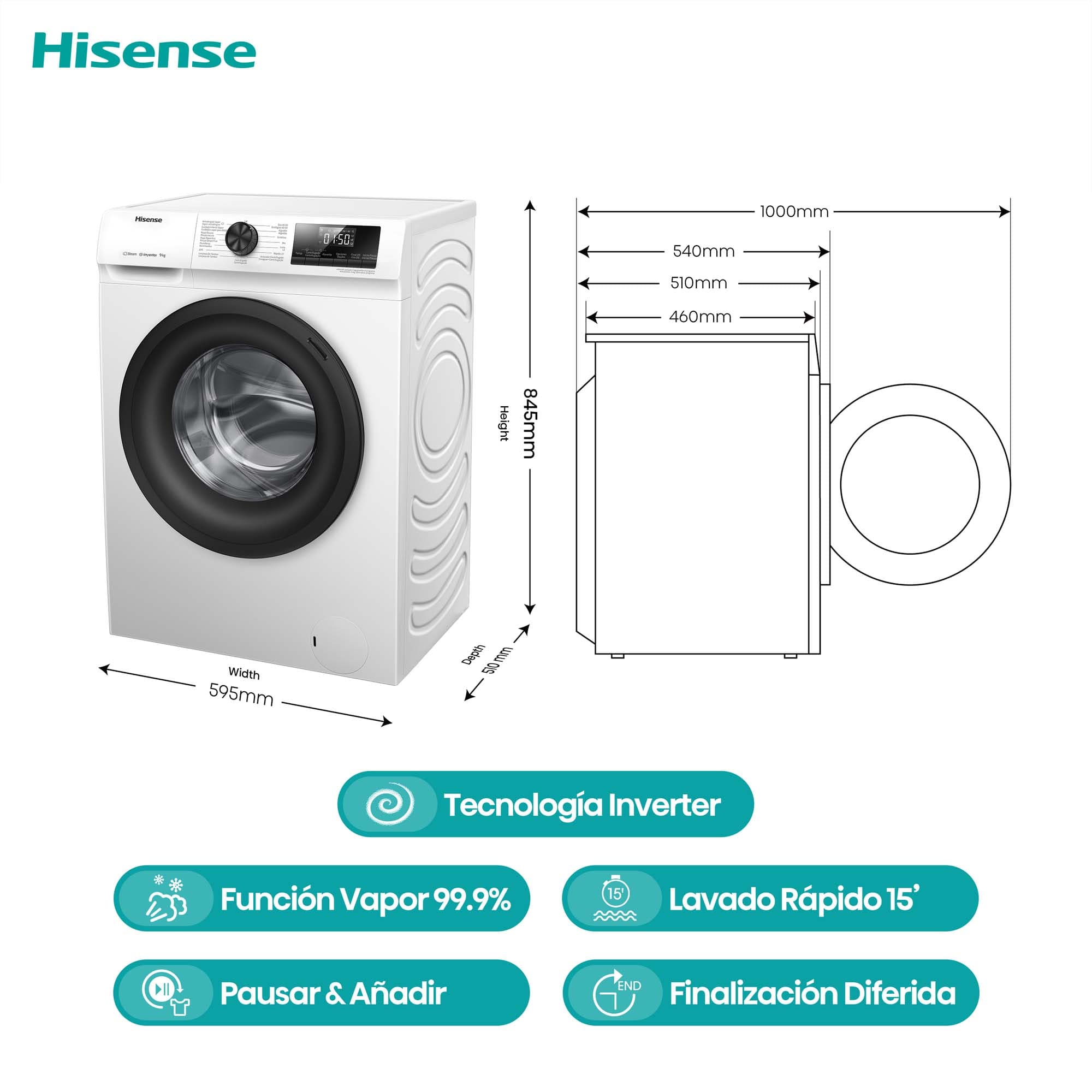 LAVADORA HISENSE WFQP9014EVM 9/KG 1400/RPM - Imagen 3