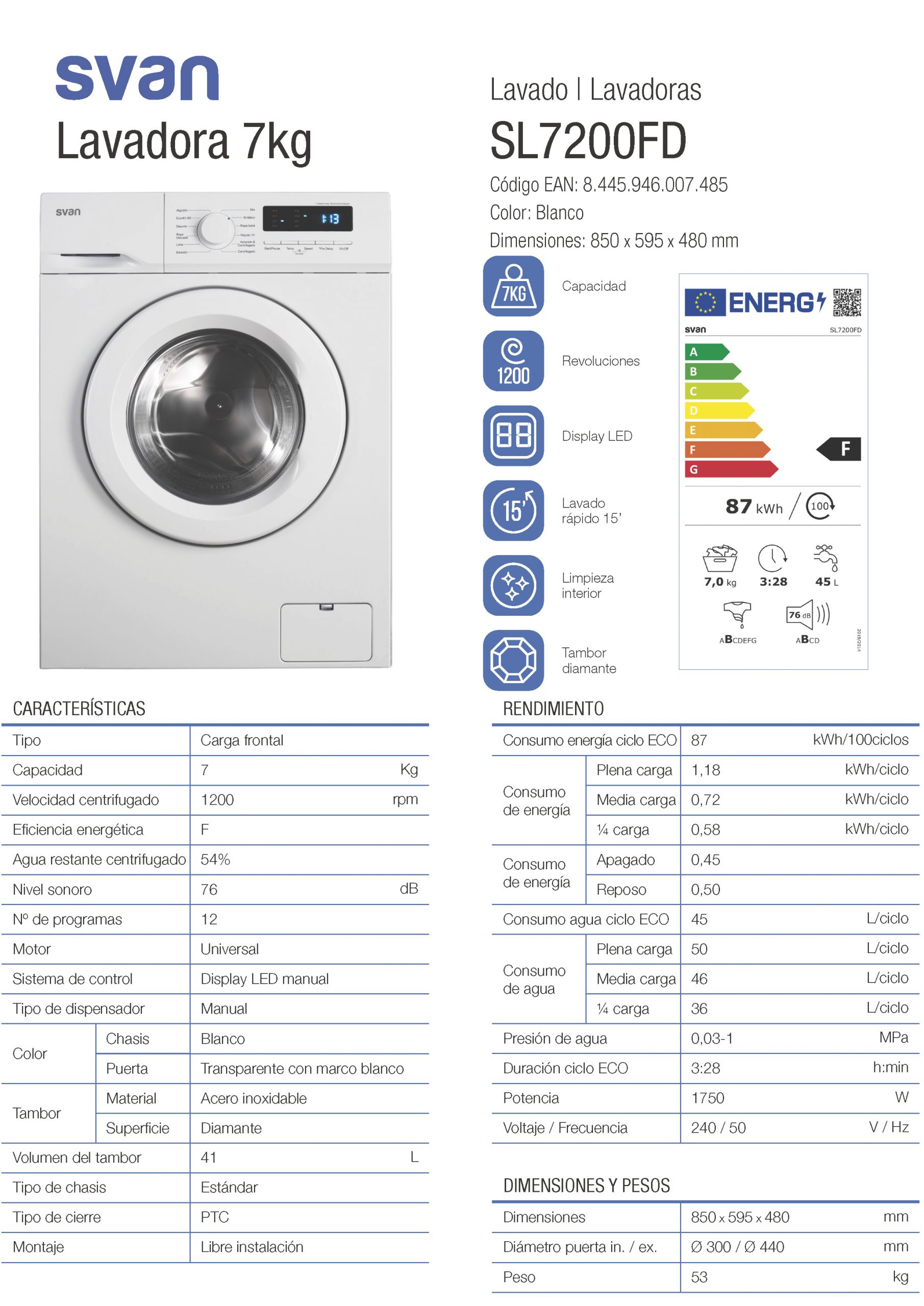 LAVADORA SVAN SL7201DD 7/KG 1200/RPM - Imagen 4