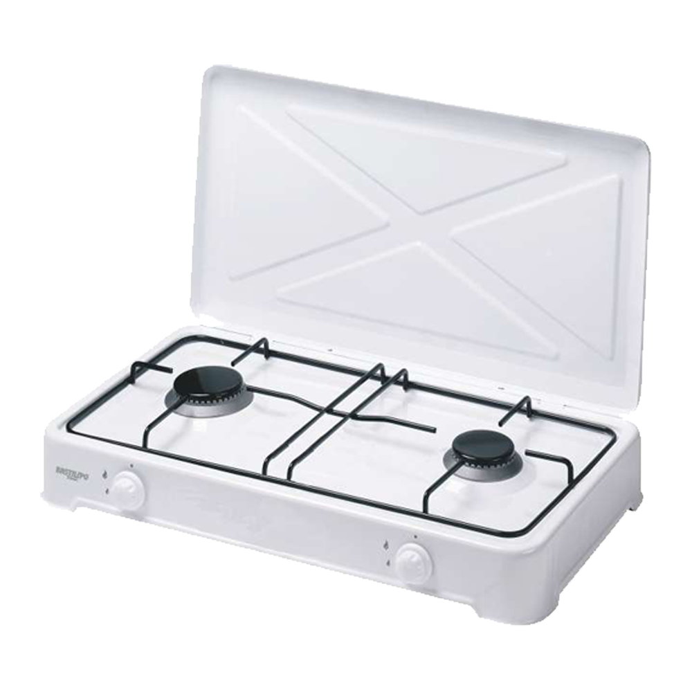 BASTILIPO, CG-200, hornillo de gas de dos fuegos esmaltado blanco, con tapa, 4,4 Kw, regulador