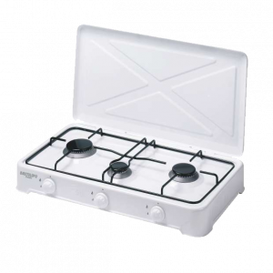 BASTILIPO, CG-300, Hornillo de gas de tres quemadores, esmaltado blanco, con tapa,  6,6 Kw, regulador