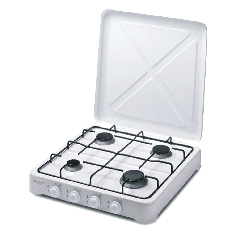 BASTILIPO, CG-400, hornillo de gas de cuatro quemadores, esmaltado blanco, con tapa, 8,8Kw, regulador