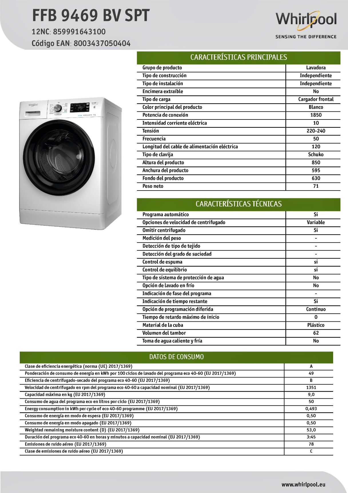 Lavadora Carga Frontal Whirlpool FFB9469BVSPT 9kg 1400 RPM Clase A Steam Refresh - Imagen 3