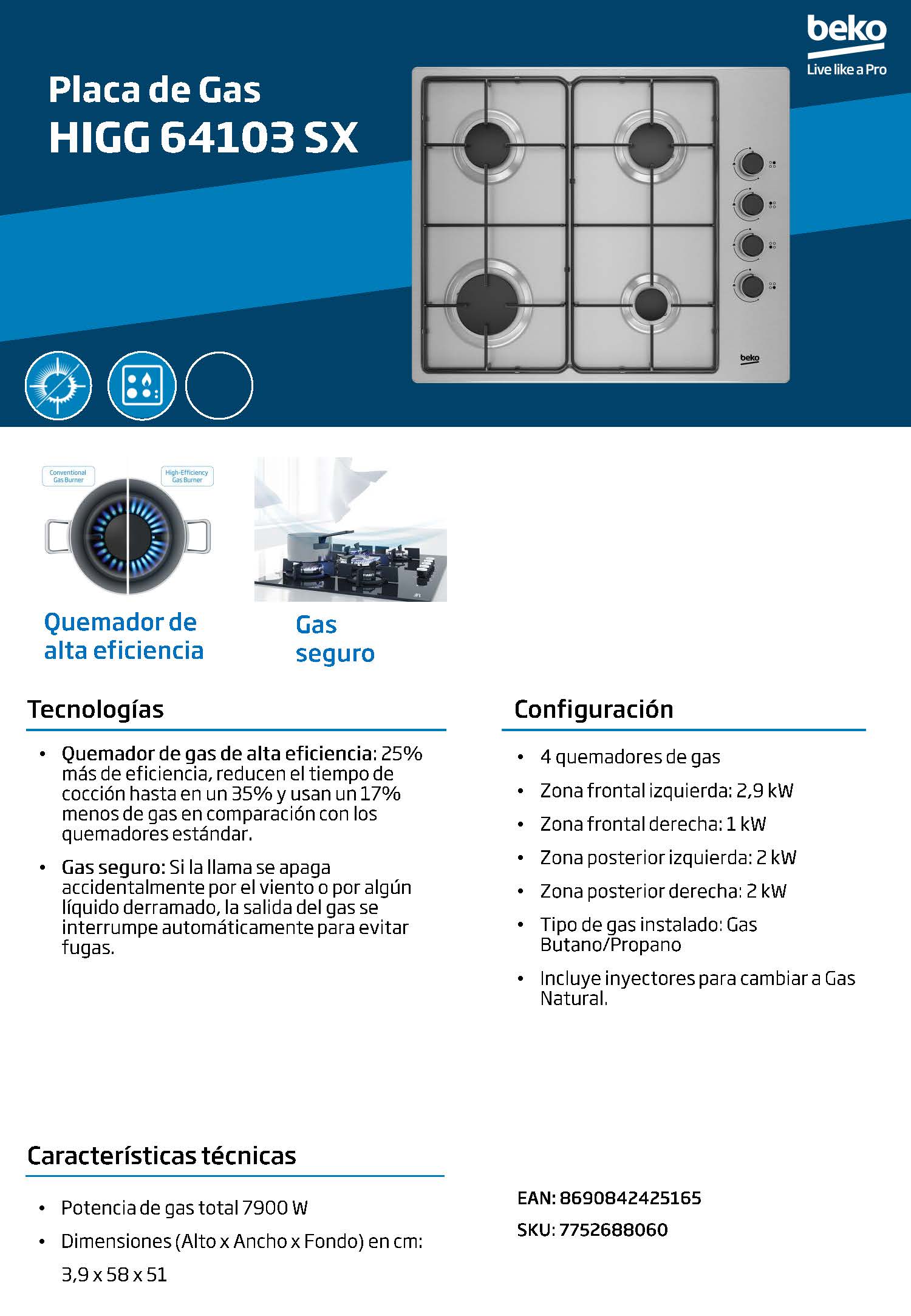 PLACA INDEPENDIENTE BEKO HIGG64103SXN INOX 4/FUEGOS GAS BUTANO INCLUYE INYECTORES NATURAL - Imagen 3