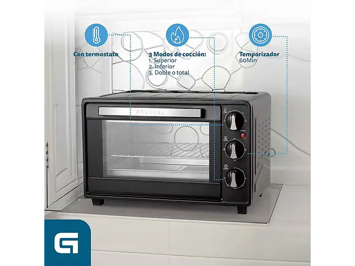 Horno de sobremesa - GRUNKEL HR-23SILVER, 1600 W, 23 l, Acero inoxidable